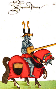 Tournoi : chevalier au heaume orné de cornes - Gravure  conservée et reproduite par la  ©  BNF, puis restaurée numériquement par © Norbert Pousseur