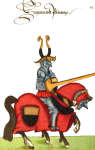Zoom sur Tournoi : chevalier au heaume orné de cornes - Gravure  conservée et reproduite par la  ©  BNF, puis restaurée numériquement par © Norbert Pousseur
