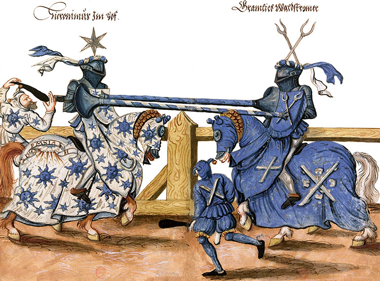 Deux chevaliers allemands s'affrontant dans un tournoi - Gravure  conservée et reproduite par la  ©  BNF, puis restaurée numériquement par © Norbert Pousseur