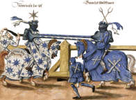 Zoom sur Deux chevaliers allemands s'affrontant dans un tournoi - Gravure  conservée et reproduite par la  ©  BNF, puis restaurée numériquement par © Norbert Pousseur