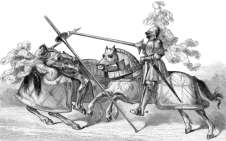 Zoom sur Tournoi : chevalier défait à la lance - Gravure  reproduite puis restaurée par © Norbert Pousseur