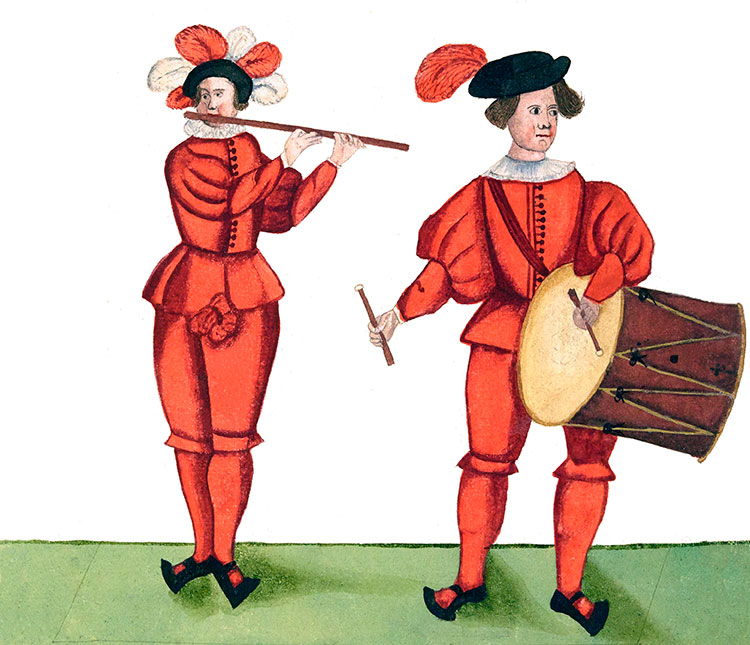Annonce du tournoi en musique, tambour et flute - Gravure  conservée et reproduite par la  ©  BNF, puis restaurée numériquement par © Norbert Pousseur