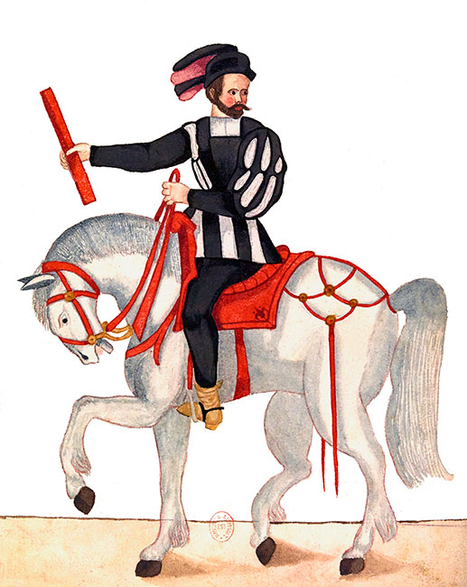 Tournoi : héraut à cheval - Gravure  conservée et reproduite par la  ©  BNF, puis restaurée numériquement par © Norbert Pousseur