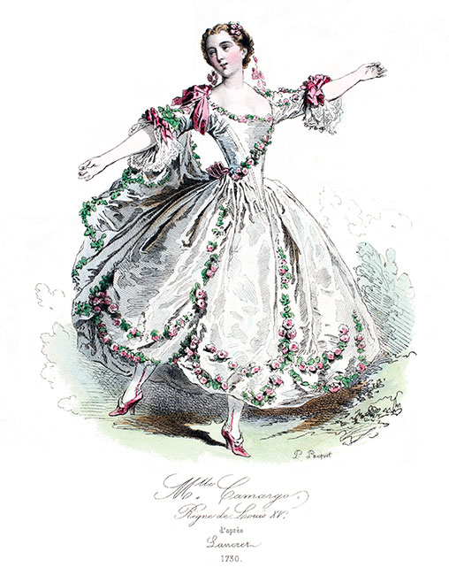 Mlle Camargo, gravure des frères Pauquet, reproduite puis restaurée par © Norbert Pousseur