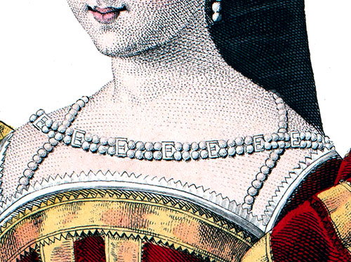 Collier aavec lette E port&eacute; par une dame de la Cour de Fran&ccedil;ois Ier, d&eacute;tail de gravure  de Louis-Marie Lante, reproduite puis restaur&eacute;e par &copy; Norbert Pousseur