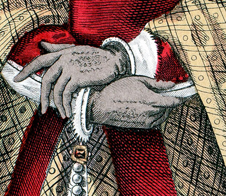 aire de gant en peau tenu par lFille d'Hoinneur de Marie d'Angleterre - détail de gravure reproduite par © Norbert Pousseur Paire de gant en peau tenu par lFille d'Hoinneur de Marie d'Angleterre - détail de gravure reproduite par © Norbert Pousseur