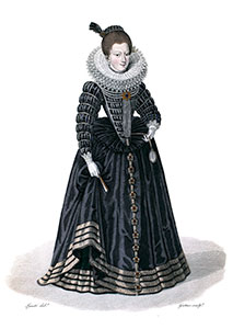 Vignette : Gabrielle d'Estr&eacute;es avec un r&eacute;seau espagnol, gravure de Louis-Marie Lant&eacute;, reproduite puis restaur&eacute;e par &copy; Norbert Pousseur coiff&eacute;e d'un r&eacute;seau espagnol - Gravure  de Lant&eacute; reproduite puis restaur&eacute;e par &copy; Norbert Pousseur
