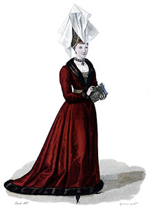 Vignette : Suivante du 15ème siècle portant un bonnet de brocart avec voile, - Gravure  reproduite puis restaurée numériquement par © Norbert Pousseur