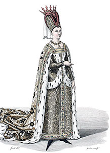 Vignette : Isabeau de Bavière en robe de brocart - Gravure  reproduite puis restaurée numériquement par © Norbert Pousseur