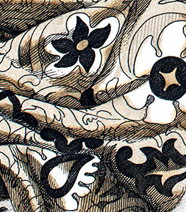 Bonnet de brocart avec voile, porté par une suivante du 15ème siècle - gravure restaurée par © Norbert Pousseur
