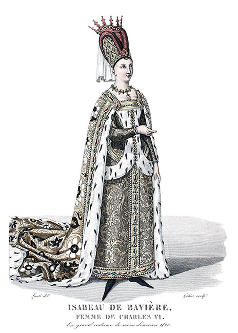 Isabeau de Bavière en grand costume de reine - Gravure  de Pierre Lamésangère reproduite puis restaurée par © Norbert Pousseur
