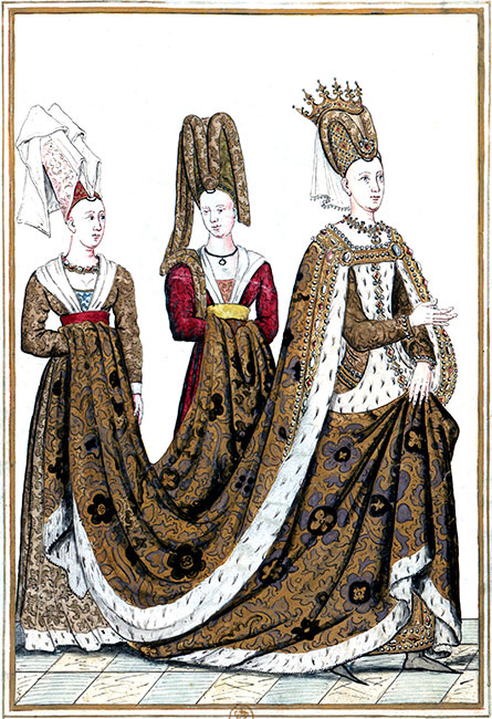 Isabeau de Bavière et ses deux suivantes - gravure  reproduite par la © BNF puis restaurée numériquement par © Norbert Pousseur