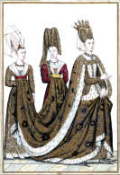 Pour Zoom : Isabeau de Bavière et ses deux suivantes - gravure  reproduite par la © BNF puis restaurée numériquement par © Norbert Pousseur