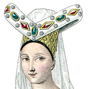Détail du grand escoffion porté par Jacqueline de La Grange au 15ème siècle - gravure reproduite et restaurée par © Norbert Pousseur