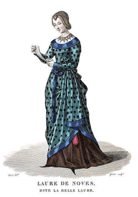 Laure de Noves, dite La Belle Laure, en sa robe de mariée - Gravure  de Pierre Lamésangère reproduite puis restaurée par © Norbert Pousseur