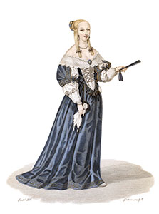 Vignette : Anne-Genevi&egrave;ve de Bourbon-Cond&eacute; tenant un mouchoir- Gravure  reproduite puis restaur&eacute;e par &copy; Norbert Pousseur