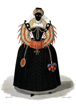 Vignette : Demoiselle du 16ème siècle portant un masque noir - gravure reproduite et restaurée par © Norbert Pousseur
