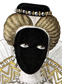 Détail : Masque noir sur le visage d'une demoiselle du 16ème siècle - gravure reproduite et restaurée par © Norbert Pousseur