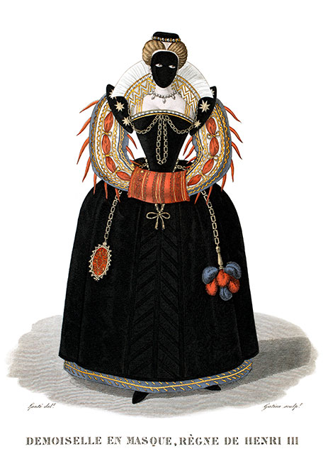 Demoiselle avec masque au 16&egrave;me si&egrave;cle - gravure de Louis-Marie Lant&eacute; reproduite et restaur&eacute;e par &copy; Norbert Pousseur