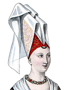 Coiffe de suivante d'Isabeau de Bavière - Détail de gravure  reproduite puis restaurée par © Norbert Pousseur