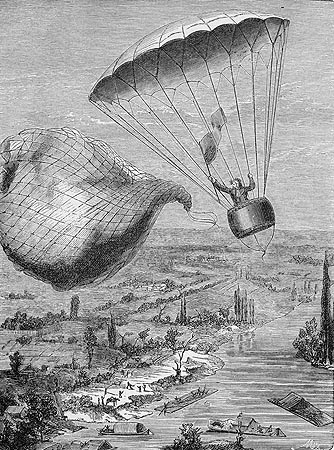 Descente en parachute de Jacques Garnerin en 1797 - Reproduction © Norbert Pousseur Descente en parachute de Jacques Garnerin en 1797 - Reproduction © Norbert Pousseur