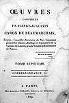 Titre du 7ème volume des oeuvres complètes de Beaumarchais - Reproduction © Norbert Pousseur