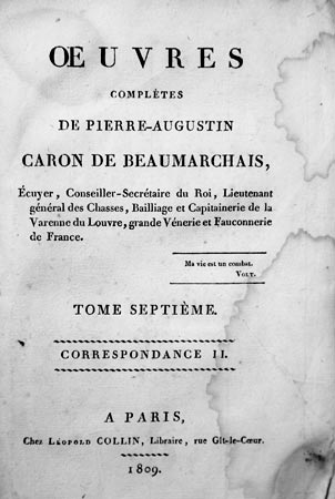 Titre du 7ème volume des oeuvres complètes de Beaumarchais - Reproduction © Norbert Pousseur