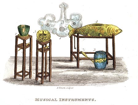 Instruments de musique à percussion - Chine en 1800 - Reproduction de gravure © Norbert Pousseur