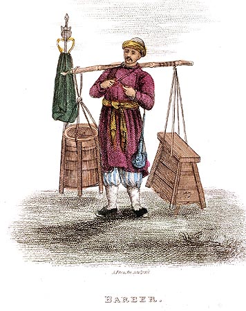 Coiffeur pour homme, barbier - Chine en 1800 - Reproduction de gravure © Norbert Pousseur