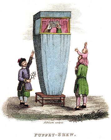 Spectacle de marionnettes - Chine en 1800 - Reproduction de gravure © Norbert Pousseur