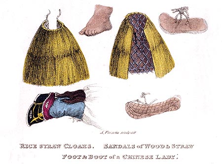 Cape en paille de riz et chaussures - Chine en 1800 - Reproduction de gravure © Norbert Pousseur