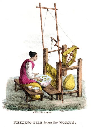 Déroulant la soie des cocons - Chine en 1800 - Reproduction de gravure © Norbert Pousseur