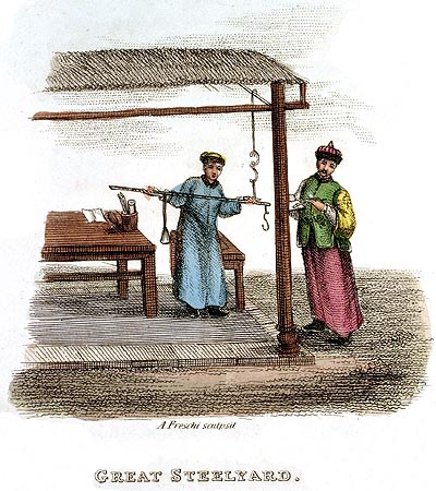 Grande balance "romaine" - Chine en 1800 - Reproduction de gravure © Norbert Pousseur