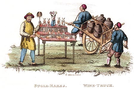 Lièvre en sucre et chariot à vin - Chine en 1800 - Reproduction de gravure © Norbert Pousseur