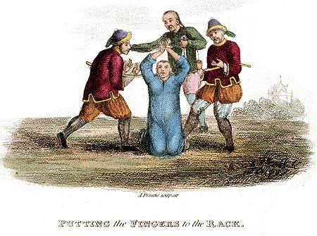 Placer les doigts dans le chevalet de supplice - Chine en 1800 - Reproduction de gravure © Norbert Pousseur