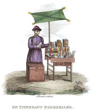 Un bouquiniste itinérant - Chine en 1800 - Reproduction de gravure © Norbert Pousseur