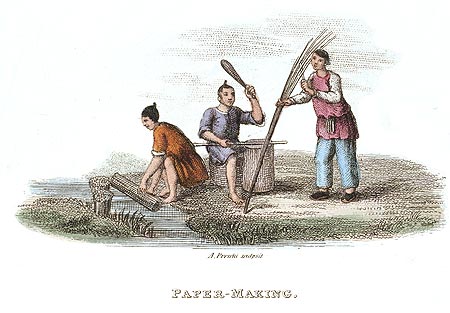 Début de fabrication du papier - Chine en 1800 - Reproduction de gravure © Norbert Pousseur