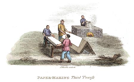 Troisième stade de la fabricatin du papier - Chine en 1800 - Reproduction de gravure © Norbert Pousseur