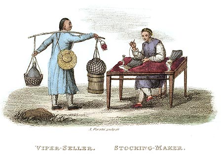Vendeur de serpents et confection de chausses - Chine en 1800 - Reproduction de gravure © Norbert Pousseur