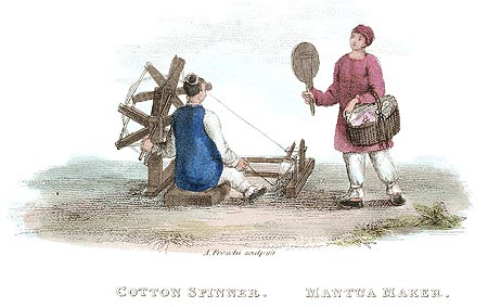 Fileuse de coton et confection de vêtement - Chine en 1800 - Reproduction de gravure © Norbert Pousseur