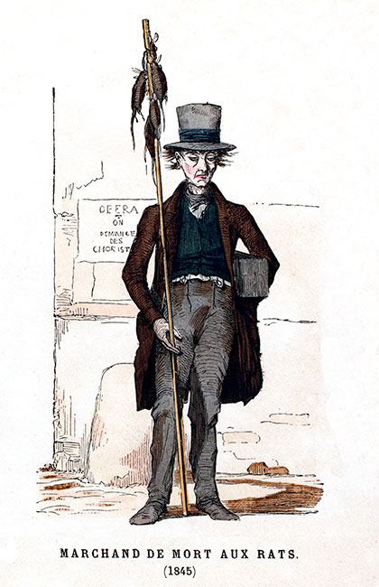Marchand parisien de mort-aux rats en 1845 - Gravure reproduite puis restaurée par © Norbert Pousseur Marchand parisien de mort-aux rats en 1845 - Gravure reproduite puis restaurée par © Norbert Pousseur