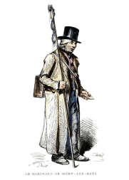 Zoom surMarchand de mort-aux-rats vers 1860 -  Gravure  reproduite puis restaurée par © Norbert Pousseur
