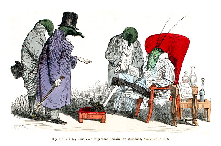 Caricature de Grandville : Trois médecins autour d'un malade - Gravure reproduite puis restaurée par © Norbert Pousseur Caricature de Grandville : Trois médecins autour d'un malade - Gravure reproduite puis restaurée par © Norbert Pousseur