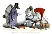 Zoom sur Caricature de Grandville : Trois m&eacute;decins autour d'un malade  - Gravure  reproduite puis restaur&eacute;e par &copy; Norbert Pousseur