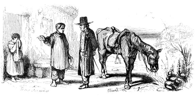 Le médecin de village et son cheval au 19ème siècle - Gravure reproduite puis restaurée par © Norbert Pousseur Le médecin de village et son cheval au 19ème siècle - Gravure reproduite puis restaurée par © Norbert Pousseur