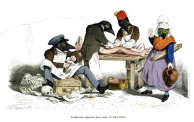 Zoom sur lCaricature de Grandville : Trois m&eacute;decins autour d'un malade  - Gravure  reproduite puis restaur&eacute;e par &copy; Norbert Pousseur