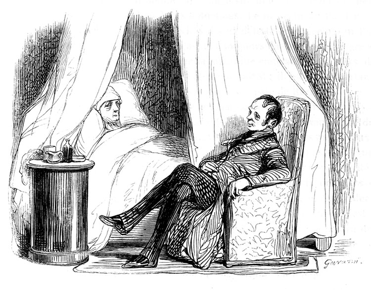 Le mlédecin de ville et son patient alité au 19ème siècle - Gravure reproduite puis restaurée par © Norbert Pousseur Le mlédecin de ville et son patient alité au 19ème siècle - Gravure reproduite puis restaurée par © Norbert Pousseur