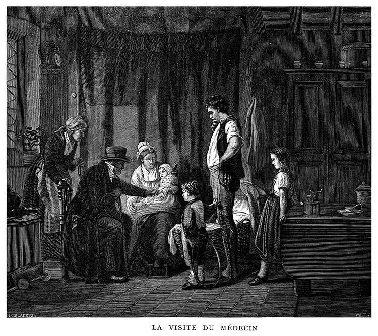 La visite du médecin, au 18ème siècle - Gravure reproduite puis restaurée par © Norbert Pousseur La visite du médecin, au 18ème siècle - Gravure reproduite puis restaurée par © Norbert Pousseur