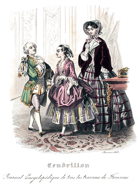 Deux jeunes gens en costume d'apparat, gravure Cendrillon janvier 1852  - Gravure  reproduite puis restaurée par © Norbert Pousseur