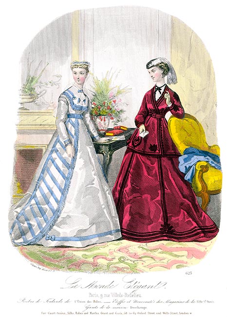 Robe en taffetas gris et toilette de ville, gravure du Monde élégant  - Gravure  reproduite puis restaurée par © Norbert Pousseur